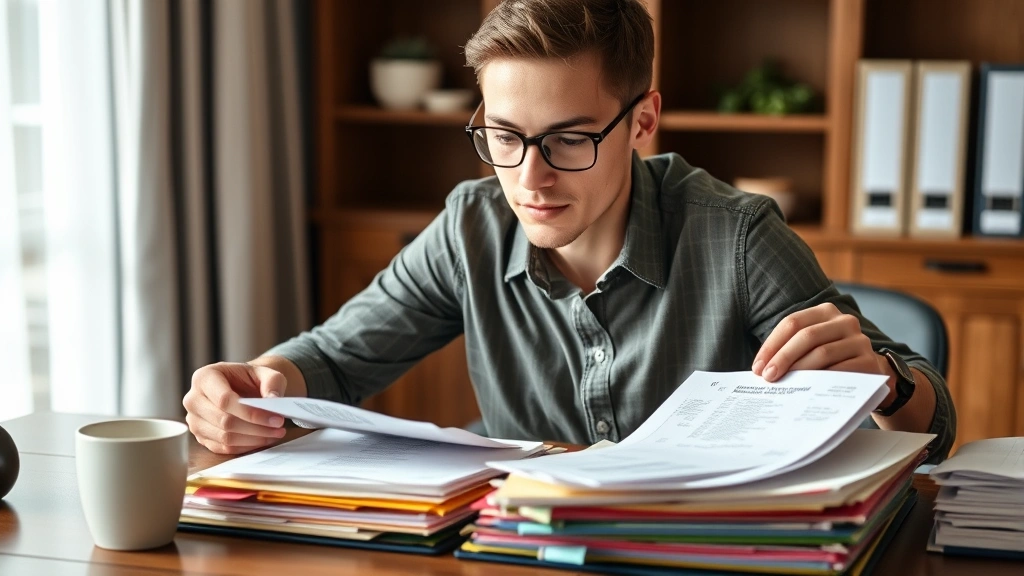 Young professional organizing receipts and bills into labeled folders with different colored dividers, focused and determined expression, wooden desk with coffee cup nearby