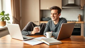A person sitting at a kitchen table with a coffee cup, looking at their laptop with a focused but relieved expression, papers and a notebook nearby, warm natural lighting, modern apartment setting, representing someone taking control of their finances