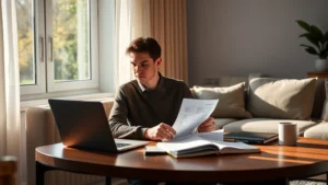 Person sitting at a coffee table with a laptop and notebook, reviewing monthly bank statements and receipts, morning sunlight streaming through a window, peaceful focused expression, minimalist modern home setting