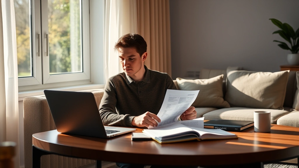 Person sitting at a coffee table with a laptop and notebook, reviewing monthly bank statements and receipts, morning sunlight streaming through a window, peaceful focused expression, minimalist modern home setting