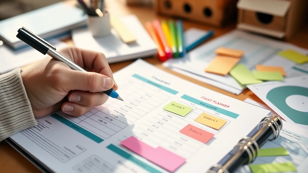 Close-up of a hand writing in a budget planner with colored pens and sticky notes, organized financial planning materials, warm natural lighting, personal workspace