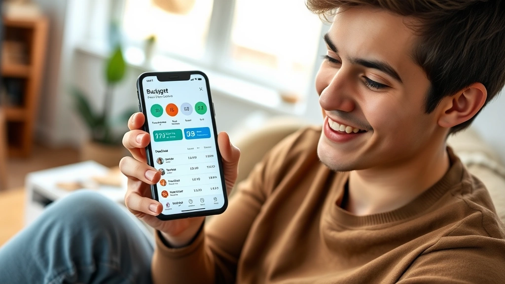 Young adult looking at their phone showing a budgeting app dashboard with spending categories and charts, casual home environment, satisfied expression, modern financial technology