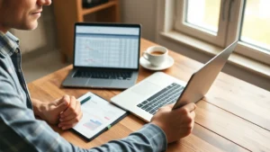 Person sitting at a wooden desk with a laptop open, notebook, and pen nearby, reviewing budget spreadsheet with a warm coffee cup in background, natural window lighting, calm and focused expression