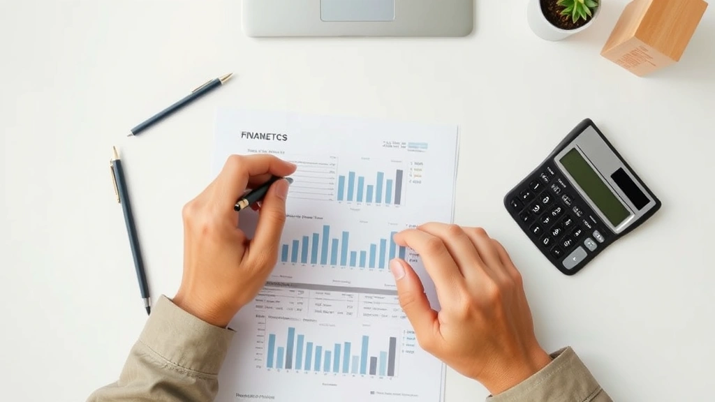 Close-up overhead shot of hands holding a pen while reviewing financial documents and a calculator on a clean desk surface, neutral color palette, bright natural light