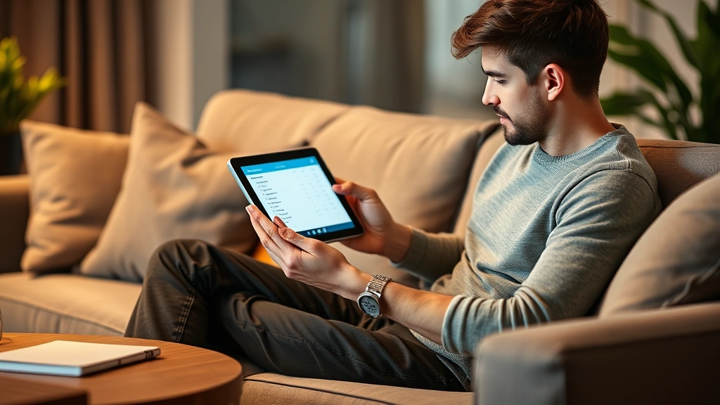 Young adult reviewing a tablet showing budget app while sitting on a comfortable couch at home, relaxed posture, warm home lighting, coffee table with notebook nearby