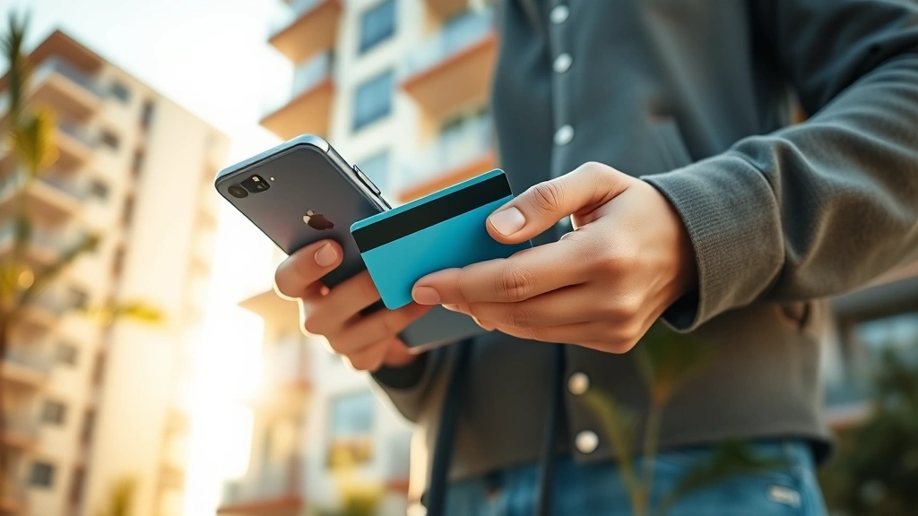 Close-up of someone's hands holding a credit card and phone, standing in front of a modern apartment building. Sunny day, warm lighting. Shows confidence and financial control. No card numbers visible.