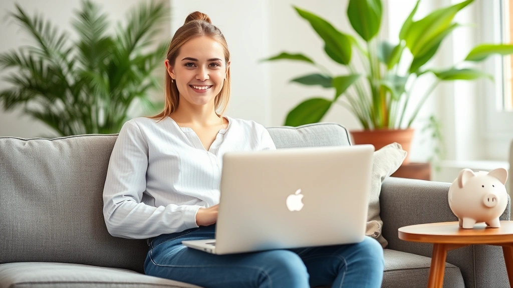 Young professional woman sitting on couch with laptop, piggy bank visible on side table, plants in background, natural and bright home environment. Relaxed but purposeful expression. Modern apartment aesthetic.