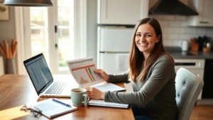 A person sitting at a kitchen table with a laptop, notebook, and cup of coffee, smiling while reviewing a budget spreadsheet, morning sunlight through the window, casual home setting