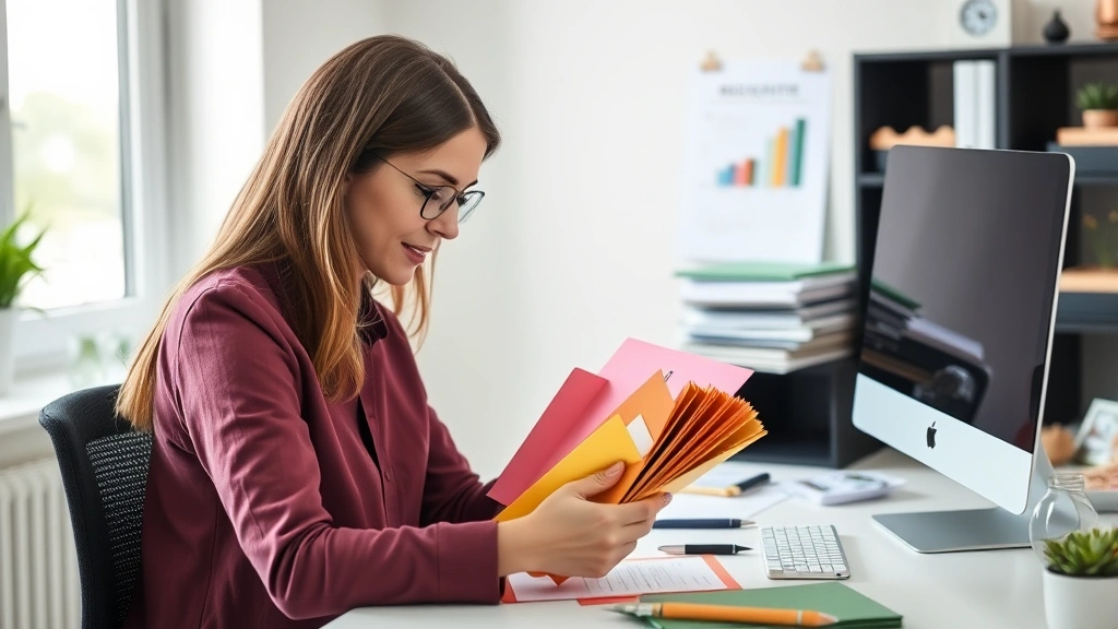 A woman organizing colorful labeled envelopes or folders for different budget categories, clear desk space, organized and calm atmosphere, natural lighting