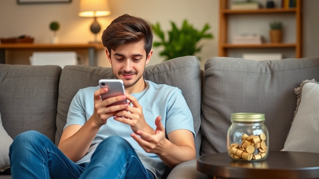 A young adult checking their phone with a relieved expression, sitting on a couch with a saved money jar or piggy bank visible on the side table, peaceful home environment