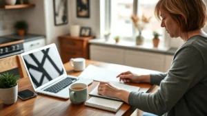 Person sitting at a kitchen table with a laptop, coffee cup, and notebook, reviewing bank statements and creating a budget plan. Natural lighting, focused expression, relaxed home setting.