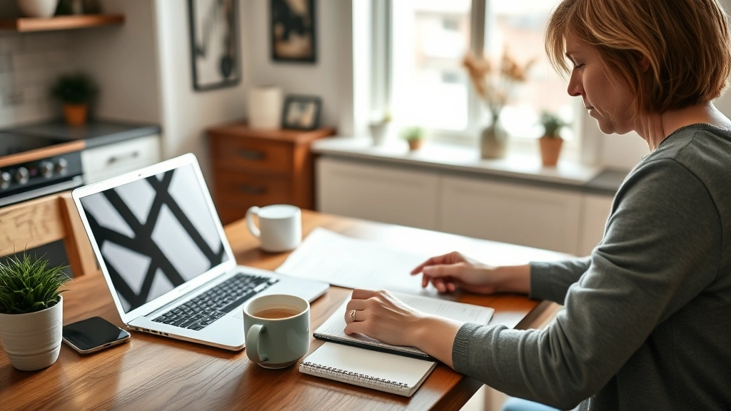 Person sitting at a kitchen table with a laptop, coffee cup, and notebook, reviewing bank statements and creating a budget plan. Natural lighting, focused expression, relaxed home setting.