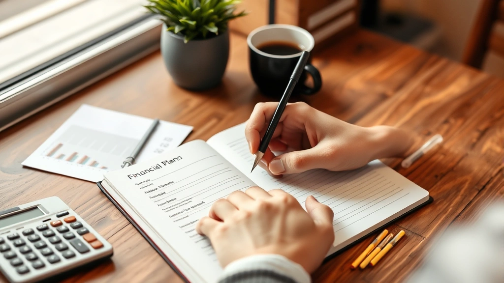 Close-up of hands writing in a financial planning journal with a calculator, coffee, and plant on wooden desk. Warm, organized workspace showing someone taking control of their finances.