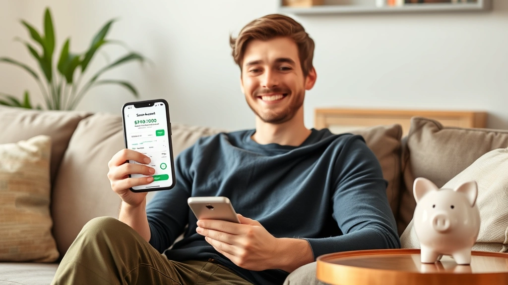 Young adult looking confident and relieved, sitting on couch with phone showing savings account growing, piggy bank on side table, natural home environment suggesting financial peace of mind.