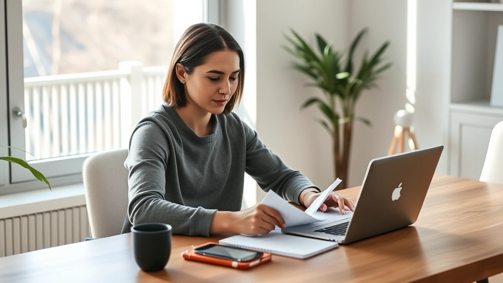 A person sitting at a modern home desk with a laptop and notebook, reviewing finances with a calm, focused expression, morning light streaming through a window, minimalist aesthetic with a coffee cup nearby