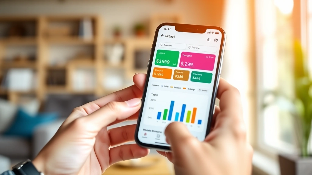 Close-up of hands holding a smartphone showing a budgeting app dashboard with colorful expense categories and charts, natural indoor lighting, warm and inviting atmosphere
