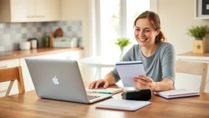 A person sitting at a kitchen table with a laptop, calculator, and notebook, smiling while reviewing their savings goals. Natural lighting, warm and encouraging atmosphere. No visible numbers or documents.