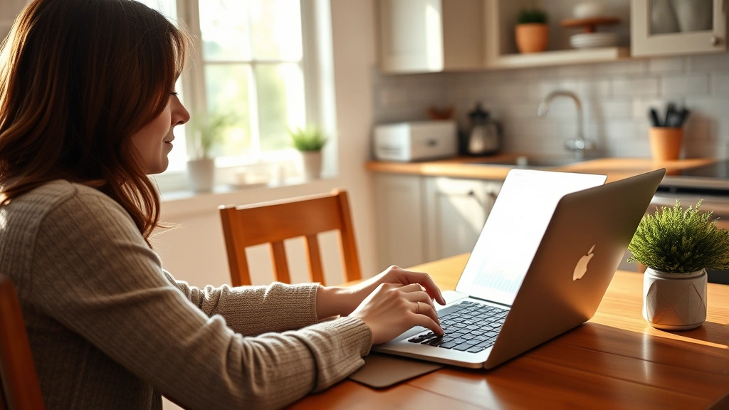 Person sitting at kitchen table with laptop and coffee, reviewing budget spreadsheet with a focused but calm expression, natural morning light, warm and relatable home setting