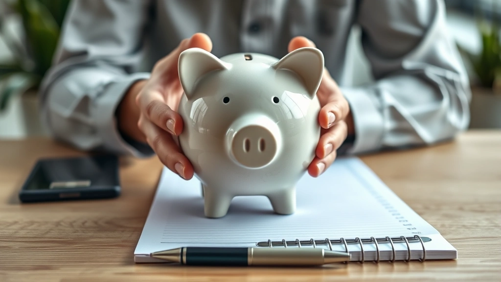 A close-up of hands holding a piggy bank over a desk with a notepad and pen, representing savings and financial planning. Soft focus background with plants. Photorealistic and encouraging.