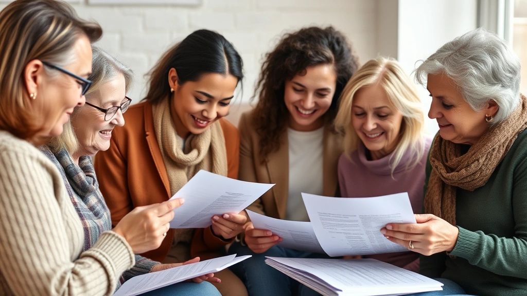 Diverse group of people of different ages looking at financial documents together, having a supportive conversation about money management, inclusive and empowering atmosphere