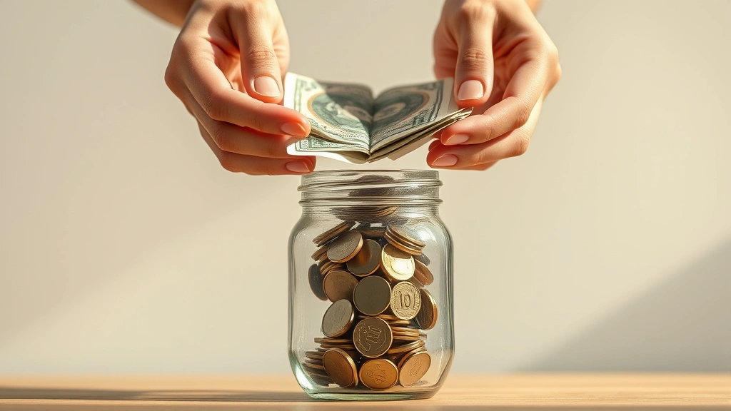 Hands holding cash or coins above a clear glass savings jar with coins inside, close-up shot, natural daylight, warm tones, minimalist background
