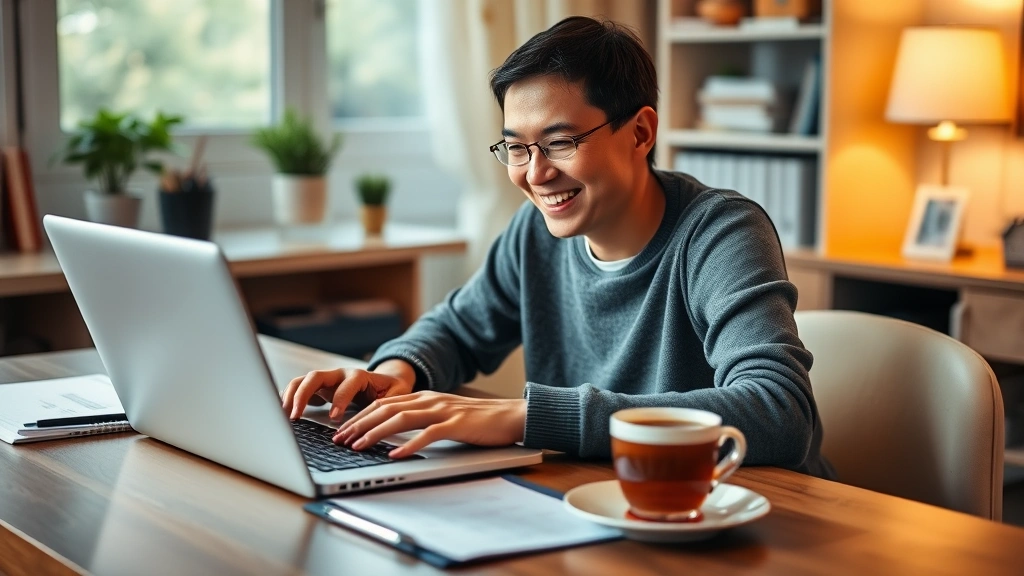 Person at a laptop with a smile, cup of tea nearby, calendar or financial planning document visible on desk, cozy home office, soft warm lighting