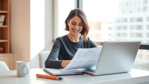 A person sitting at a modern desk with a laptop and notebook, reviewing financial documents with a satisfied, focused expression. Warm natural lighting from a window. Clean, organized workspace with a coffee cup nearby.