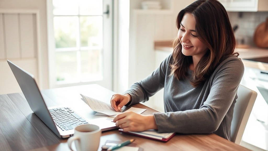 Person sitting at a kitchen table with a laptop and notepad, reviewing bank statements and making notes. Morning light through window. Relaxed but focused expression. Coffee cup nearby.
