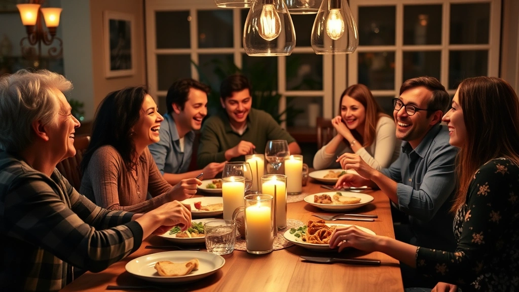 A diverse group of friends having dinner together, laughing and talking, with plates of food on the table. Warm, candlelit ambiance. Casual, comfortable setting that shows financial discussion can be relaxed and non-judgmental.