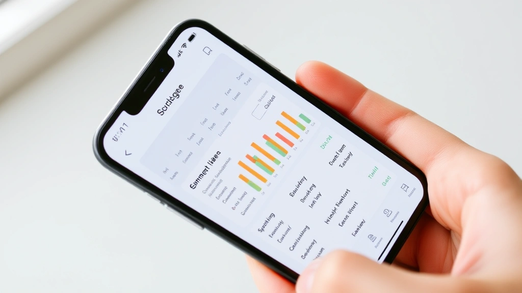 Smartphone showing a budgeting app dashboard with colorful spending categories and progress bars. Hand holding phone. Modern, clean interface visible.