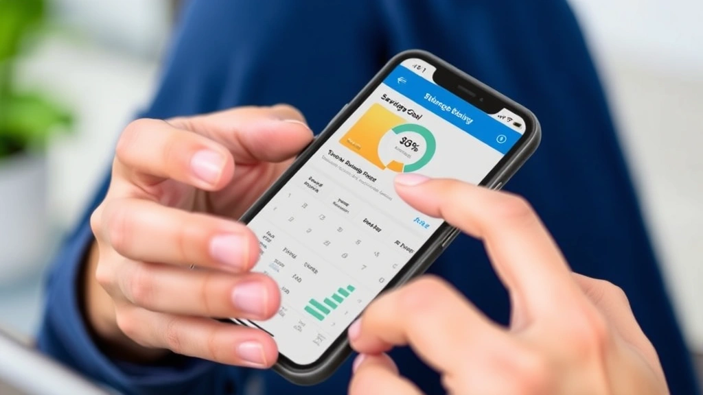 A close-up of hands holding a smartphone showing a budgeting app interface with charts and categories. A savings goal tracker visible. Modern, clean design showing financial progress and positive momentum.