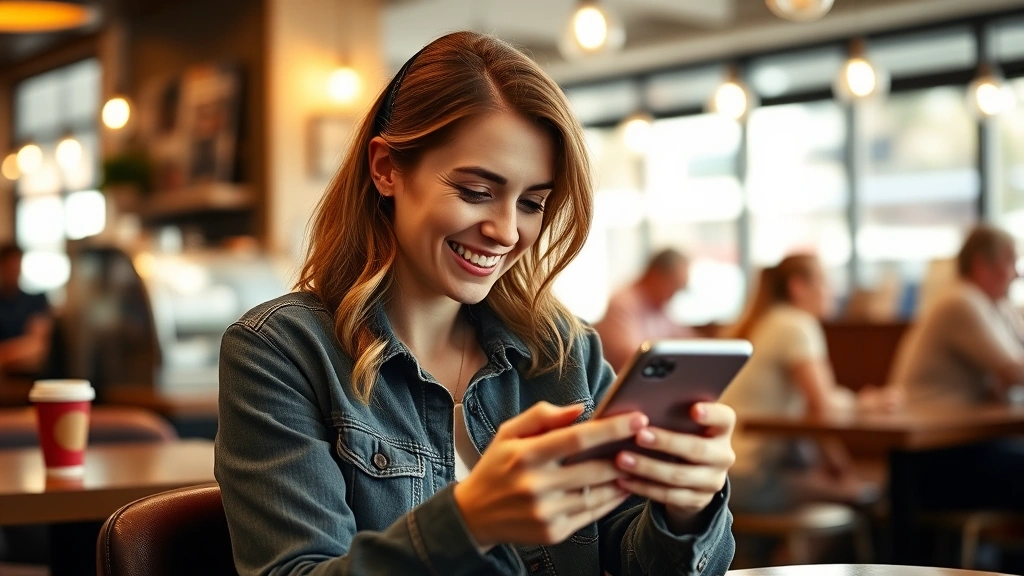Woman smiling while checking her phone in a coffee shop, looking relieved and happy about her finances. Casual setting, warm lighting, genuine expression of accomplishment.