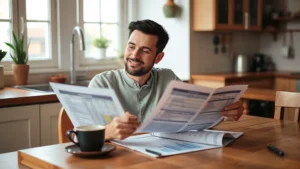 Person reviewing budget spreadsheet at kitchen table with coffee, looking relieved and focused, natural lighting, warm home setting