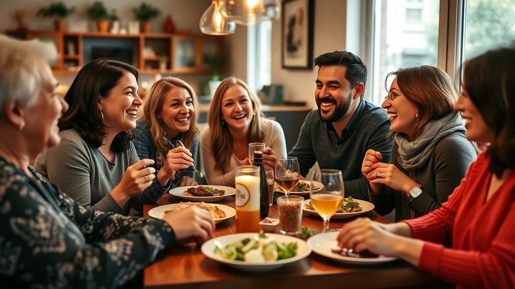 Diverse group of friends having dinner together, laughing and enjoying conversation, casual restaurant or home setting, warm atmosphere