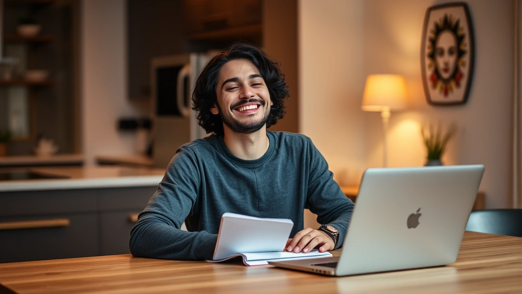 Person sitting at a kitchen table with a laptop and notebook, smiling with a sense of relief and accomplishment, warm lighting, modern apartment setting, peaceful expression