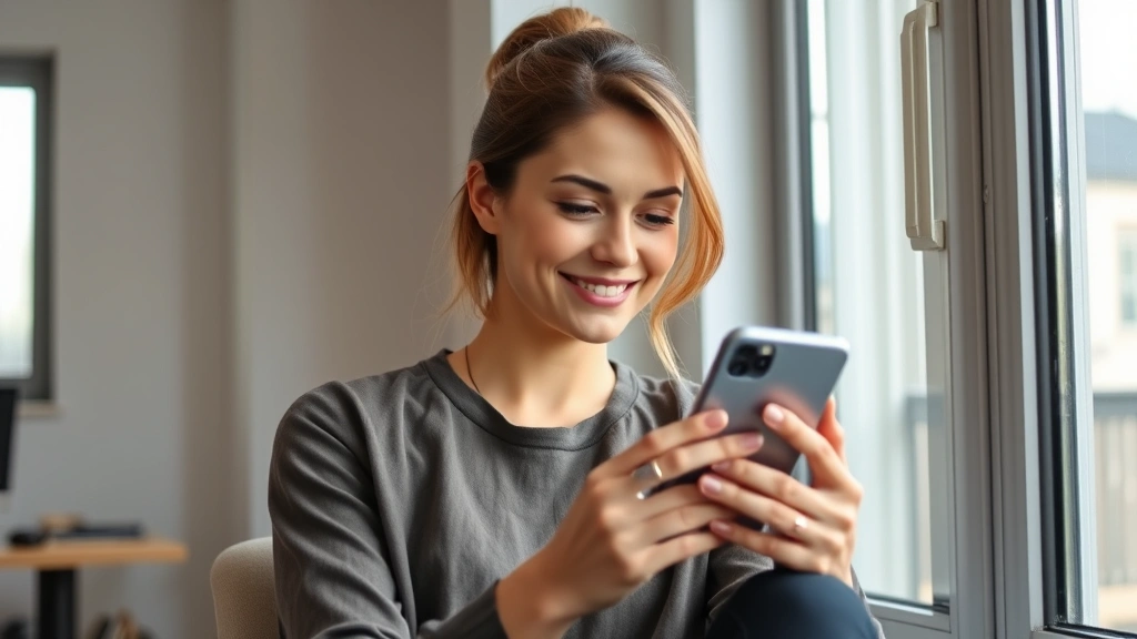 Woman checking her phone with a calm, confident expression, sitting by a window with natural light, relaxed posture, modern home office background