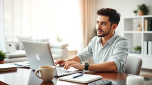 Young professional reviewing financial data on laptop at home office desk with coffee, natural morning light, organized workspace with notebook and pen, calm focused expression, modern apartment setting
