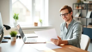 A person confidently reviewing their credit report on a laptop at a home office desk, smiling with relief, natural lighting from a window
