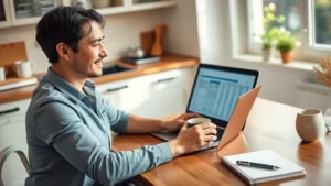 Person sitting at a kitchen table with a laptop and cup of coffee, reviewing budget spreadsheet, warm natural lighting, peaceful expression, notebooks and pen nearby