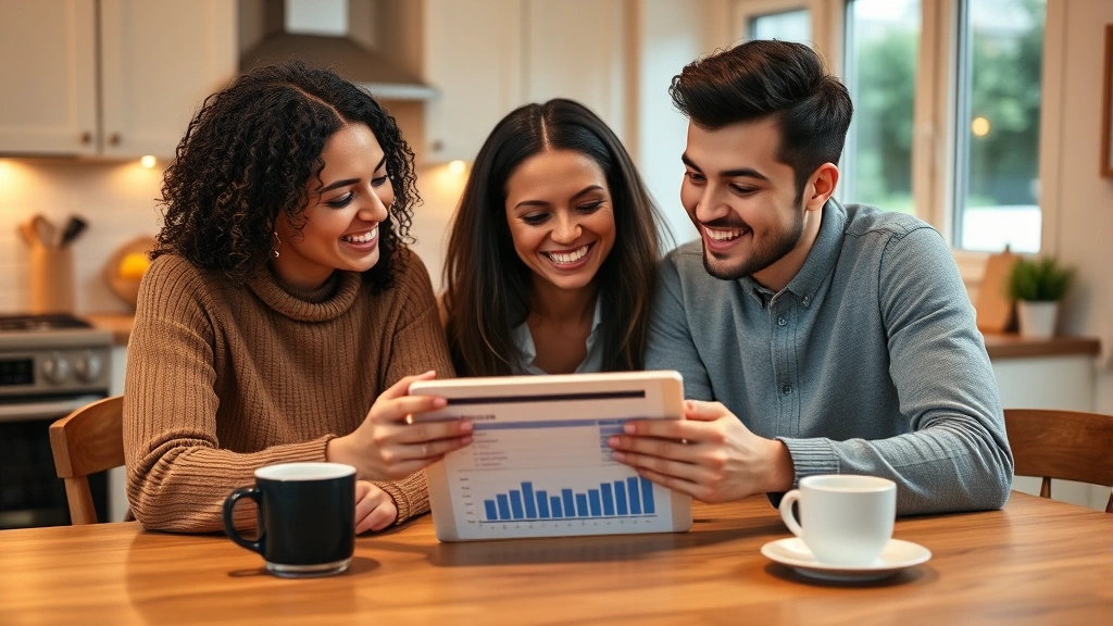 Diverse couple sitting at kitchen table reviewing budget on tablet together, warm lighting, coffee cups nearby, genuine conversation moment, relaxed home environment, both engaged and positive