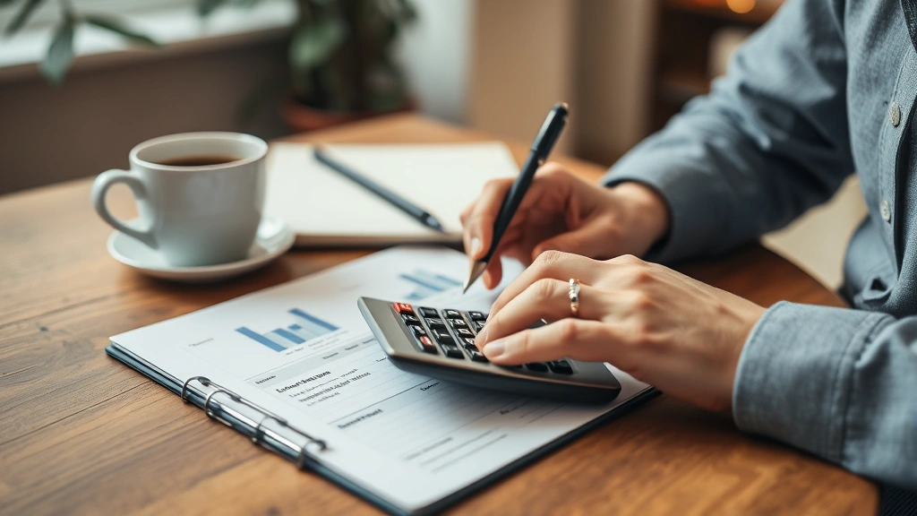 Close-up of someone using a calculator and notebook to plan debt payoff strategy, coffee cup nearby, warm home office setting