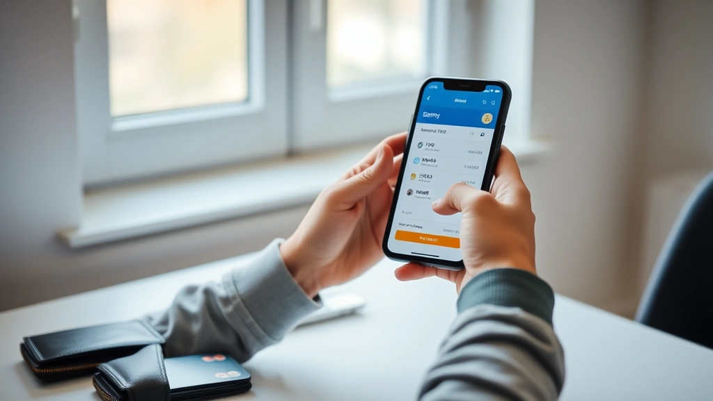Person using smartphone with banking app open, wallet and credit cards on desk, natural lighting through window, peaceful expression, minimalist desk setup, financial app interface visible but not readable