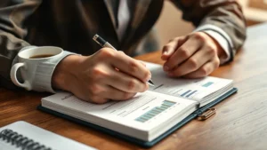 Close-up of a person's hands writing in a financial planning notebook with a coffee cup nearby on a wooden desk, warm natural lighting, realistic home office setting