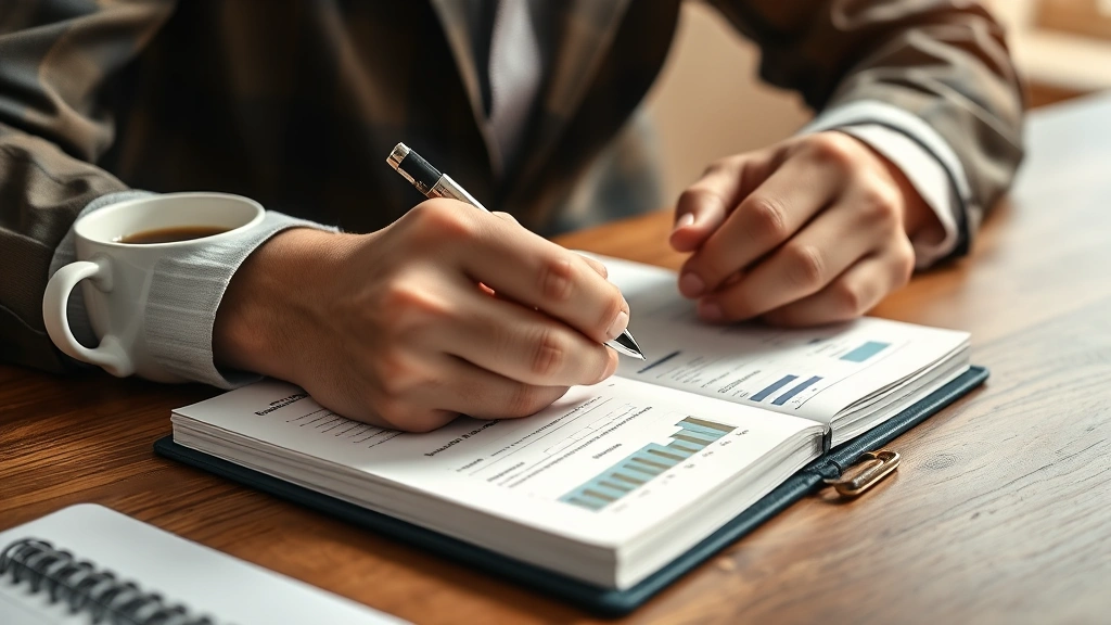 Close-up of a person's hands writing in a financial planning notebook with a coffee cup nearby on a wooden desk, warm natural lighting, realistic home office setting