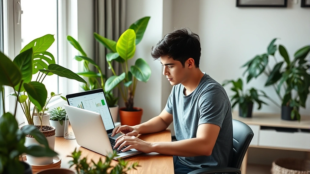 Young adult sitting at a home desk surrounded by plants, looking at laptop screen showing investment portfolio or financial dashboard, natural window light, modern apartment interior