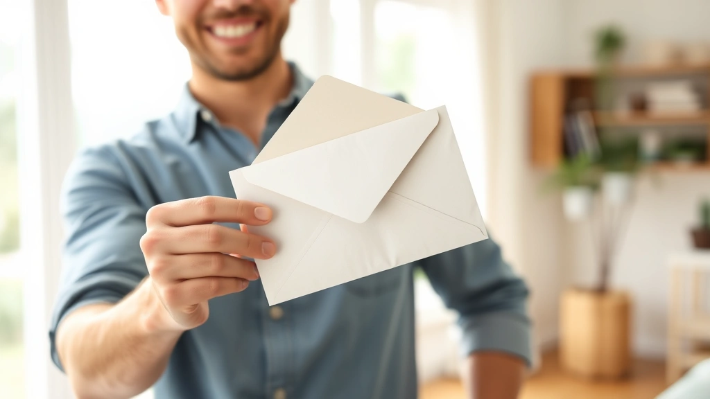 Person in casual clothing holding a physical savings envelope or piggy bank while smiling, bright home background, representing emergency fund savings and financial security