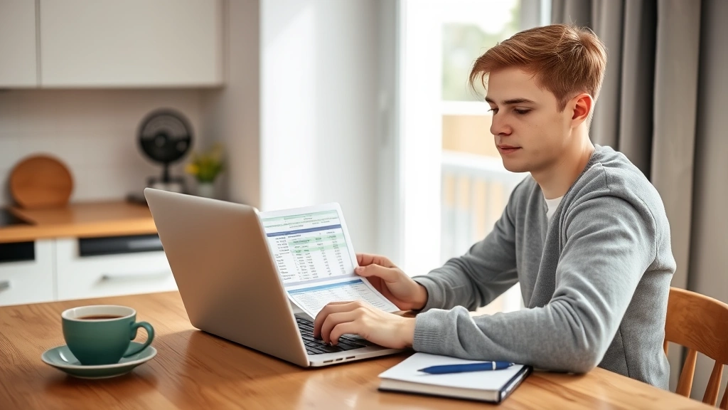 A young adult sitting at a kitchen table with a laptop, reviewing budget spreadsheet, morning coffee nearby, natural sunlight, peaceful and focused expression, modern apartment setting, notebook with pen for notes