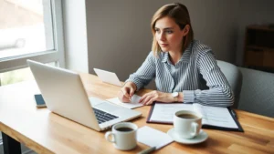 A person sitting at a wooden desk with a laptop and notebook, reviewing a budget spreadsheet with a cup of coffee nearby, natural window lighting, calm and focused expression