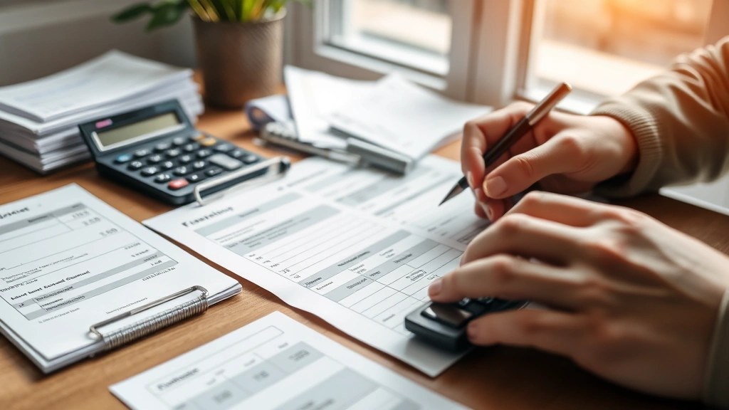 Close-up of hands writing in a financial planner with calculator and receipts organized nearby, natural lighting from window, warm and productive atmosphere, showing progress and organization