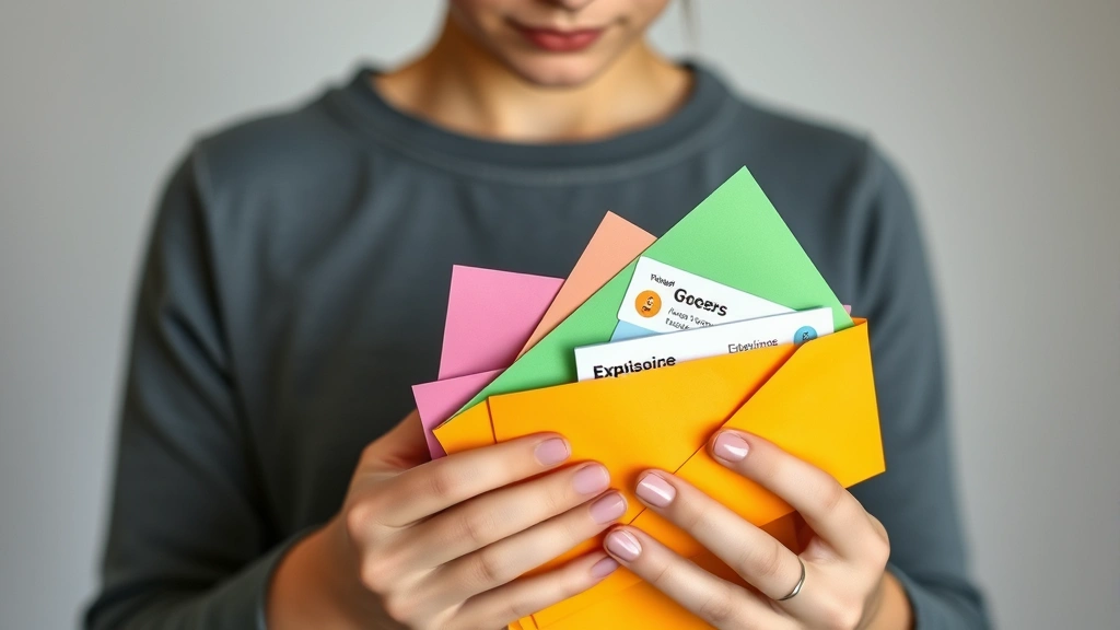 A young adult organizing colorful envelopes or digital wallet interface showing different spending categories like groceries, utilities, entertainment, savings, minimalist aesthetic